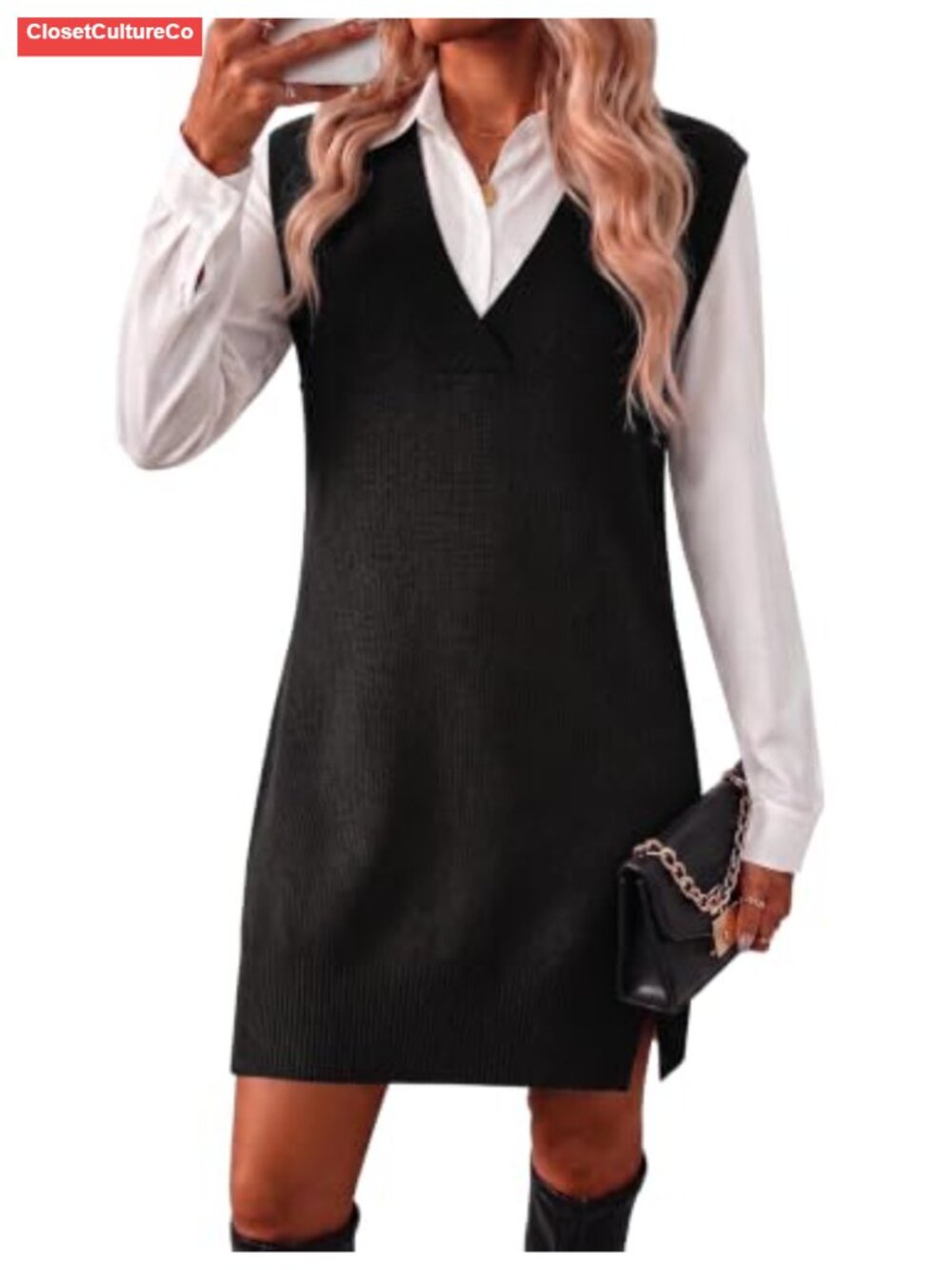 Zeagoo Womens V Neck Sweater Vest Dress Oversized Sleeveless Knit Pullover